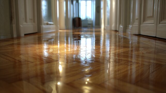 High gloss polished wooden parquet floor in a bright interior hallway with reflections