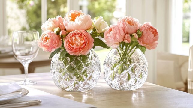 Two glass vases with pink peony flowers on a wooden table