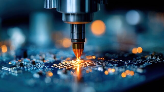 High precision laser machine soldering components on a circuit board in a modern electronics factory