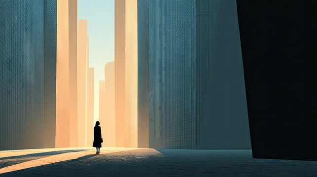 Woman silhouetted in a gap of light abstract cityscape artwork