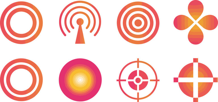 Abstract orange red gradient pain circle location icon set with target radar and signal focal pointsAbstract orange red gradient pain circle location icon set with target radar and signal focal points