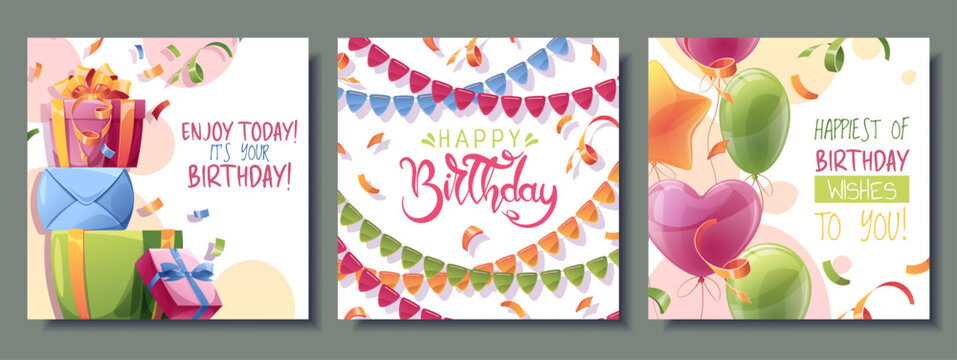 Birthday celebration card collection featuring presents, garlands and helium balloons. Perfect for social media posts and invitations.