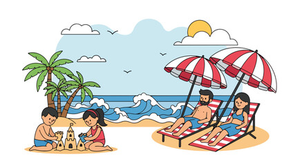 Obraz premium Flat style vector illustration of happy family enjoying summer vacation activities by the beach with sandcastle fun and relaxation. Perfect for travel, holiday and lifestyle designs