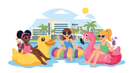 Flat style vector illustration of friends celebrating summer vacation with refreshing pool activities and tropical drinks. Perfect for travel promotions and seasonal themes © Amie