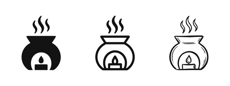 Aroma lamp and candle icon set, essential oil burner for aromatherapy, spa and relaxation wellness symbols, vector