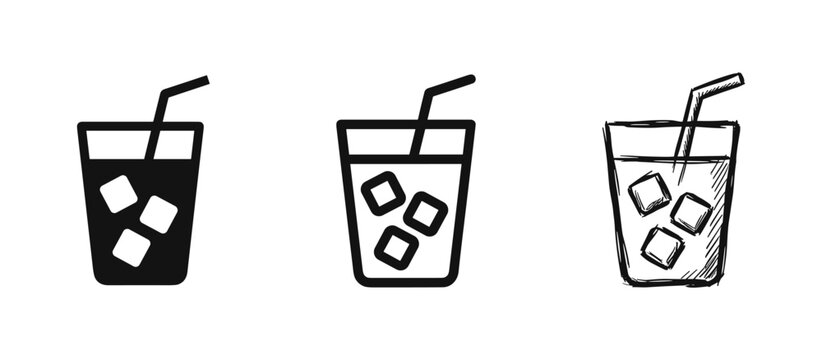 Iced drink glass icon set, refreshing beverage with ice cubes and straw, soda or juice cocktail symbols, vector