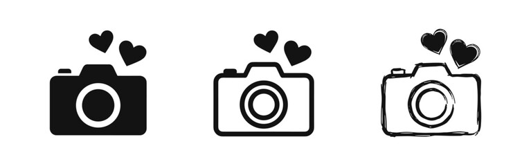 Love Camera Icons Set with Hearts in Filled, Outlined, and Hand-Drawn Styles. Photography and Romance Symbol. © drawing lines