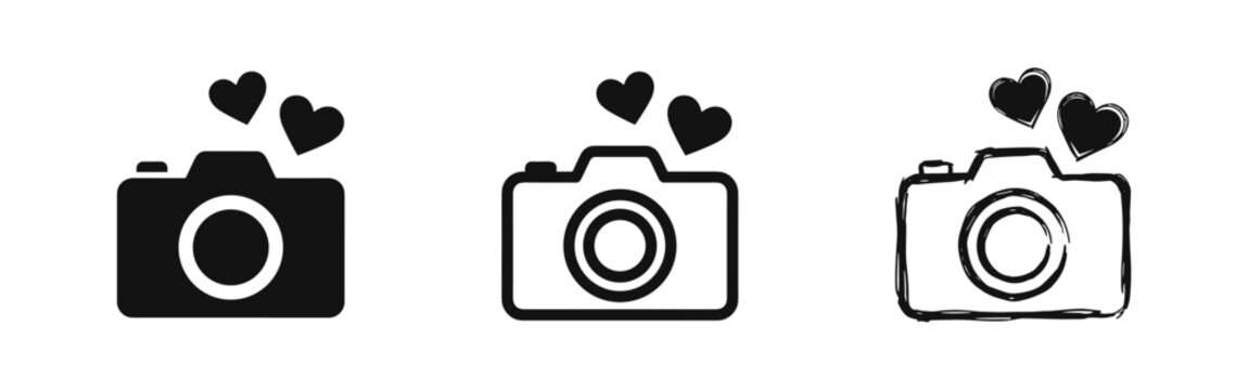 Love Camera Icons Set with Hearts in Filled, Outlined, and Hand-Drawn Styles. Photography and Romance Symbol.