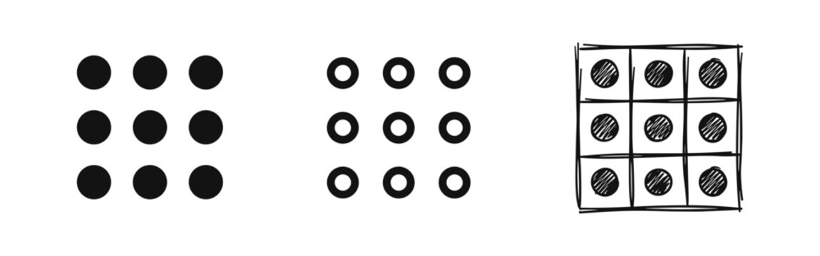 Nine Dots Menu Grid Icons Set in Filled, Outlined, and Hand-Drawn Styles. Application Launcher Symbol.