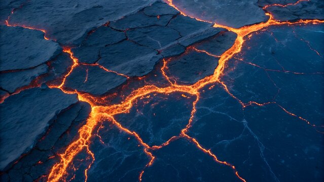 Aerial macro view of glowing orange lava cracks on dark volcanic rock surface, geological texture background