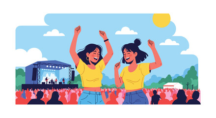 Flat style vector illustration of joyful people celebrating outdoor summer festival activities with music and entertainment. Perfect for events and travel themes © Amie