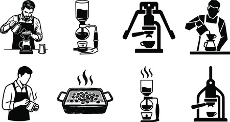 Obraz premium Coffee brewing methods and barista icon set featuring manual espresso makers siphon brewers and roasting pan