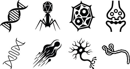 Fototapeta premium Biology and microbiology vector icon set featuring dna strands bacteriophage cells neuron and virus structures