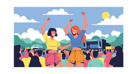 Flat style vector illustration of joyful people celebrating outdoor summer festival activities with music and entertainment. Perfect for events and travel themes © Amie