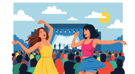 Flat style vector illustration of joyful people celebrating outdoor summer festival activities with music and entertainment. Perfect for events and travel themes © Amie