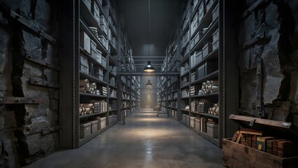 Fototapeta premium Modern Storage Library with Bookshelves in a Dark Industrial Facility