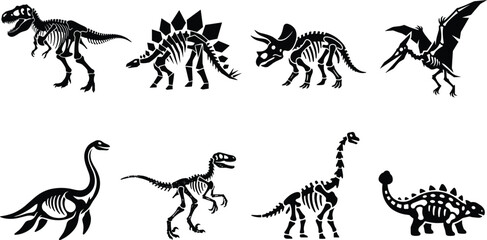 Dinosaur skeleton and fossil silhouette icon set featuring tyrannosaurus rex stegosaurus triceratops and pterodactyl © MdMenhajul