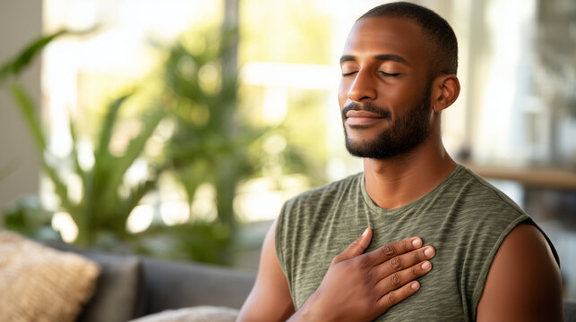 Peaceful Man Meditating With Hand On Chest In Bright Home Interior, Mindfulness Breathing Exercise, Wellness And Stress Relief Lifestyle Stock Photo man meditation, yoga breathing,