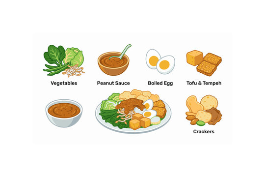 Hand Drawn Indonesian Gado Gado Salad Illustration Set with Ingredients Peanut Sauce Tofu and Vegetables