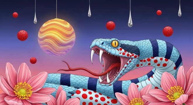 Blue patterned snake with open mouth in surreal landscape.