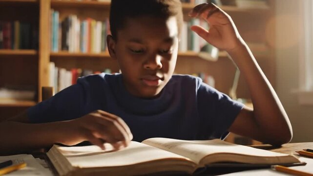 Focused young boy struggling with reading comprehension in home library, stressed and frustrated during homework