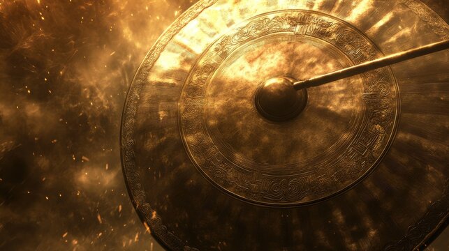 A close up view of a bronze gong being struck by a hammer