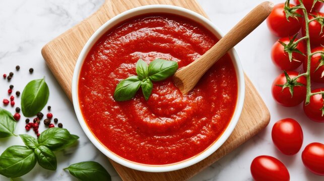 Fresh tomato sauce with basil in a bowl on a wooden board isolated on white background