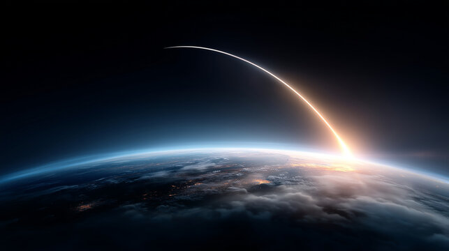 Rocket Launch Seen From Outer Space Above Earth Horizon, Bright Exhaust Trail Breaking Through Atmosphere, Cinematic Space Exploration And Aerospace Mission, Realistic Commercial S