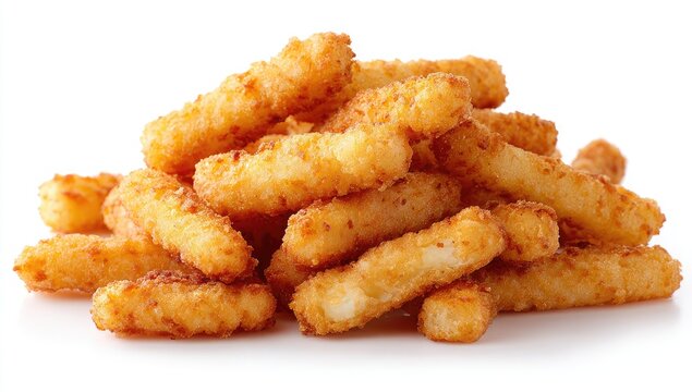 Pile of golden fried food sticks against a white background