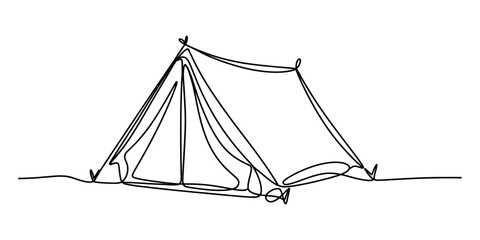 Single line drawing of a camping tent, simple black outline on white background © Prem_Bala_2026