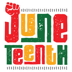 Juneteenth Typographic Text Design with Raised Fist Icon in Pan African Colors © Nawang