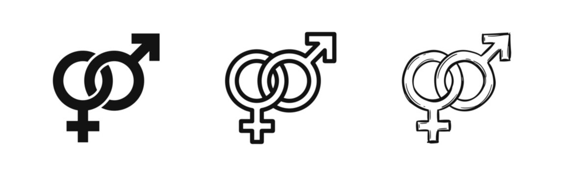 Interlinked male and female gender symbols icon set. Relationship and equality concept in solid, outline, and doodle styles.