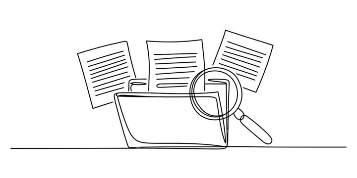 Folder with papers and magnifying glass, searching for information, one line drawing