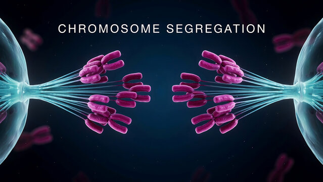Chromosome segregation process during cell division with pink chromosomes and blue spindle fibers  genetic material distribution