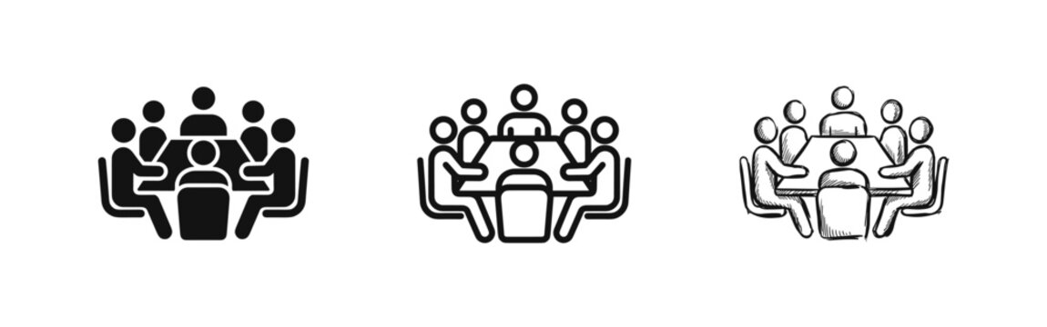 Business Meeting Icon Set, Team Collaboration at Conference Table, Group Discussion, Solid Outline Sketch Styles
