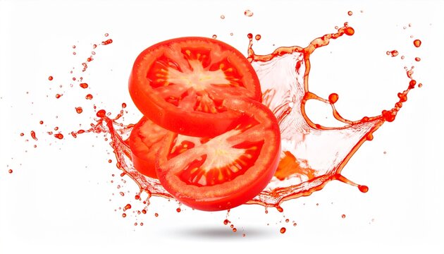 Sliced tomatoes splashing into liquid, creating a vibrant red explosion of color and freshness. The juicy red fruit is captured in mid-air, surrounded by dynamic droplets and swirls
