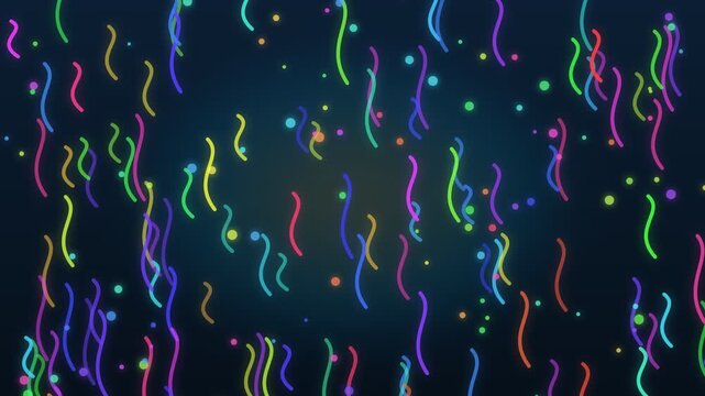 Colorful neon wavy lines and particles falling on dark background