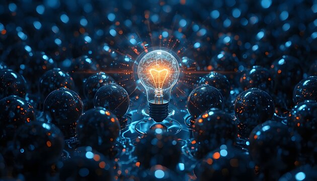 Radiant Light Bulb Idea Amongst Dark Spheres, Symbolizing AI Birth and Innovation