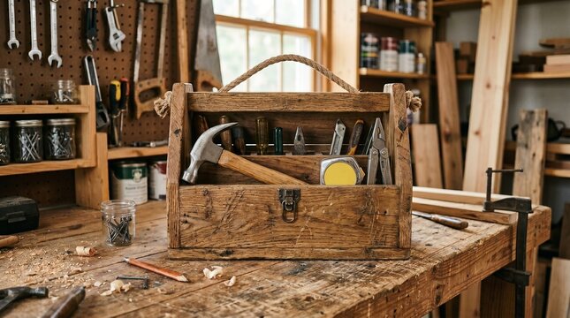Rustic wooden toolbox filled with various hand tools on a workbench
