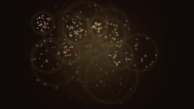 Abstract gold plus signs and crosses floating on dark background