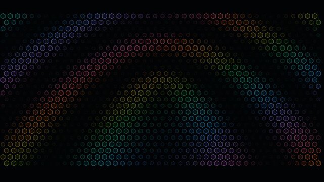 Colorful glowing hexagon grid waving across a dark digital background