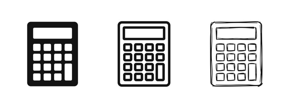 Electronic calculator icons for math and finance in solid, line, and hand-drawn sketchy styles