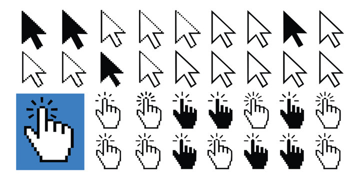 Cursor collection pointer hand arrow set pixel graphic isolated white background cursor pointer