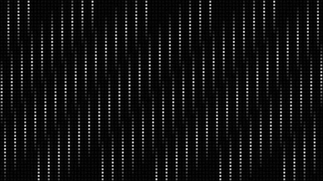Digital data stream of white square particles on a black background