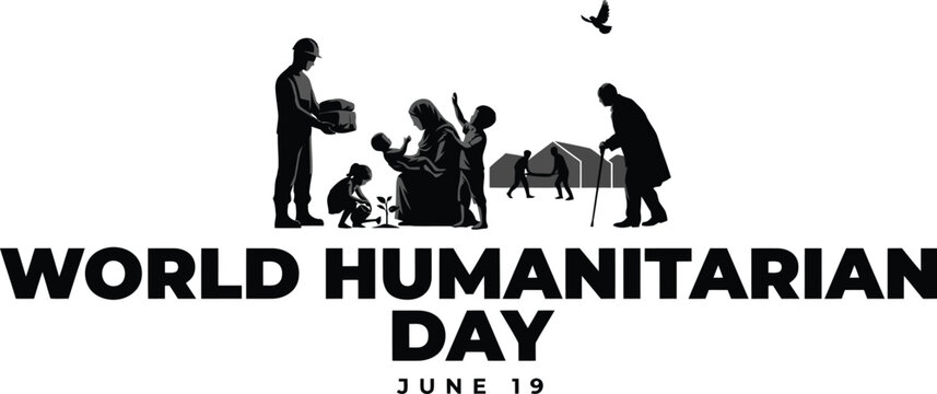 World humanitarian day commemoration silhouette illustration featuring families and relief aid humanitarian community. Vector illustration