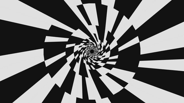 Hypnotic black and white geometric spiral tunnel background