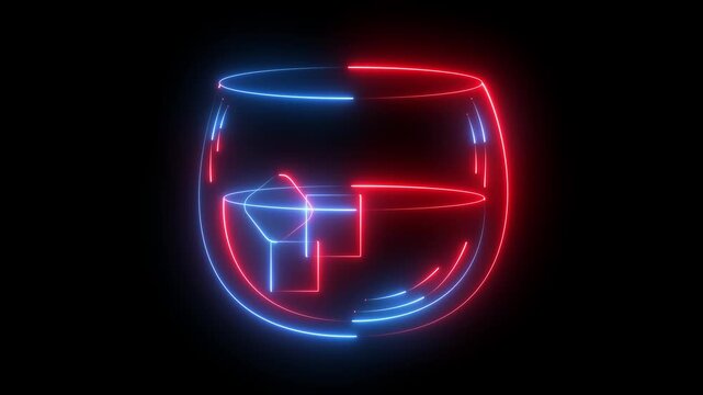 Neon glass of whiskey with ice cubes on black background