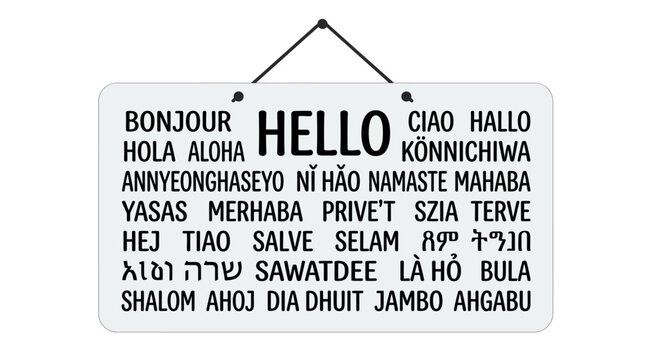 Multilingual hello greeting sign with many different languages.
