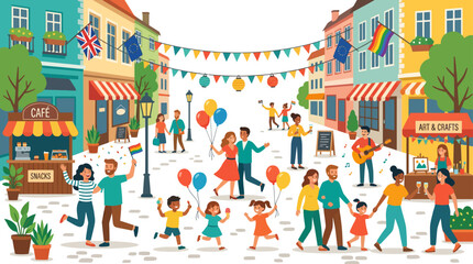 Vibrant community street festival with people celebrating and colorful flags. © flat.vector