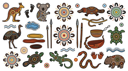 Traditional Australian Aboriginal art style animal and nature icons. © Funkstripe